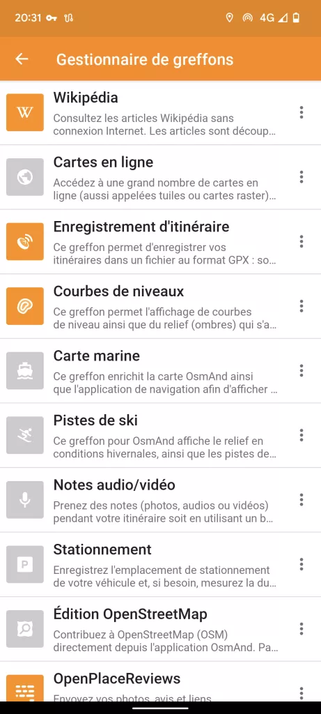 Capture d'écran "Greffons OsmAnd"